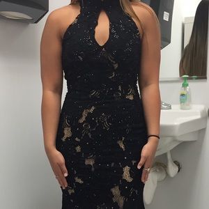 Black lace and cream Jovani prom dress